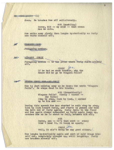 Moe Howard's 8pp. Partial Script From ''Gents Without Cents'' -- The Popular ''Niagara Falls'' Vaudeville Scene, Later Edited by Moe, Including Changing Curly's Name to Curly Joe -- Very Good